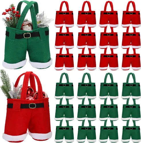 Miniatura 9 de Aliceset 24 Bolsas de Dulces de Navidad con Asa, Bolsas de Regalo con Diseño de Pantalones de Santa, Canasta de Golosinas Navideñas, Portavinos