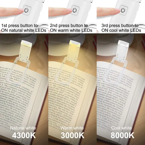 Miniatura 3 de HONWELL Luz LED recargable con clip, 3 niveles de brillo regulables para protección ocular, lámpara de lectura portátil para ratones de biblioteca