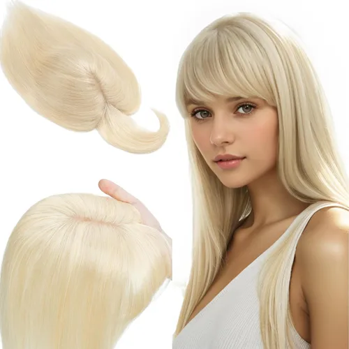 Miniatura 13 de SEGO Toppers de cabello humano 100% real, con flequillo de aire, base de seda 150% de densidad, topper con clip, 2.7 x 5.1 pulgadas, piezas