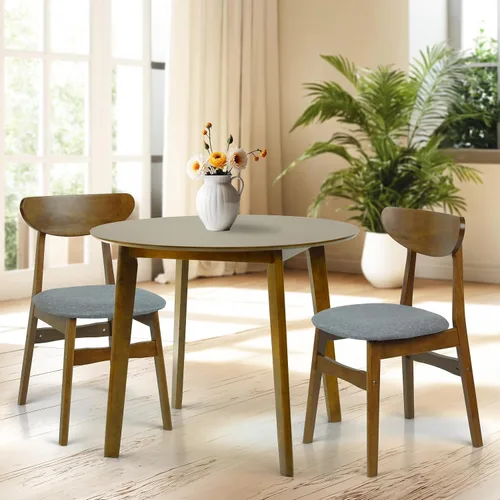 Miniatura 14 de Juego de 3 mesas redondas de cocina y 2 sillas laterales Yumiko de madera maciza con asiento acolchado