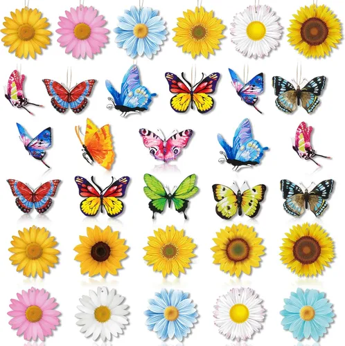 40 adornos de primavera para árbol pequeño, flores de madera, mariposa, girasol, gerbera, margarita, madera, colgante, decoración de árbol,