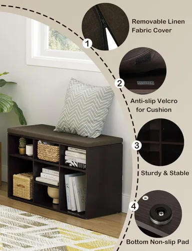 Miniatura 9 de DINZI LVJ Banco para zapatos, organizador de zapatos de 9 compartimentos para entrada, banco de almacenamiento con cojín, estante para zapatos