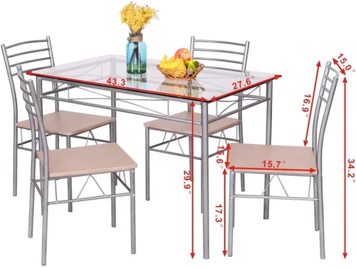 Miniatura 6 de Juego de mesa de comedor moderno para 4, juego de mesa de comedor con mesa de cristal, marco de metal y asiento de madera, mesa de cocina de 5
