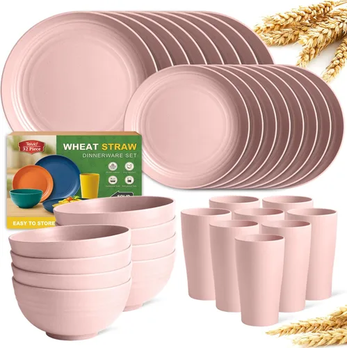 Miniatura 12 de Teivio - Juego de vajilla de paja de trigo de 32 piezas para cocina, juego de platos de plástico irrompible, servicio para 8, juego moderno de Negro