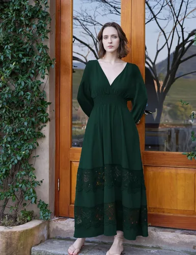 Miniatura 74 de Vestido largo de encaje para mujer de manga corta y cuello en V, vestido de fiesta estilo bohemio con cintura fruncida, vestido bohemio para mujer