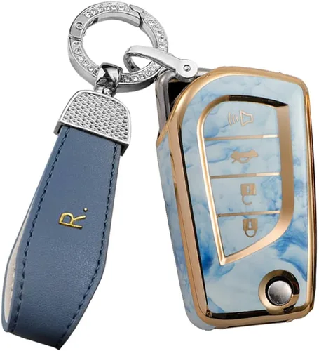 Miniatura 10 de ontto Llavero de automóvil de 4 botones para Toyota Flip Remote, guante de TPU elegante textura de mármol para Fortuner Corolla CHR Camry RAV4 azul