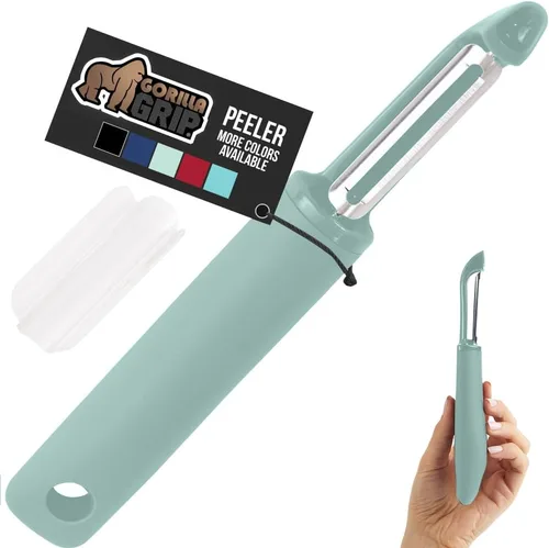 Miniatura 12 de GORILLA GRIP Pelador de verduras patentado de acero inoxidable afilado sin BPA, doble giratorio, mango suave y cómodo, pele suavemente manzanas