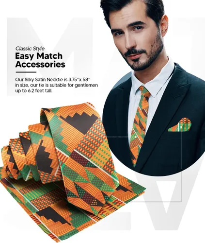 Miniatura 31 de Juego de corbata Kente con estampado africano y animal y pañuelo de bolsillo a juego