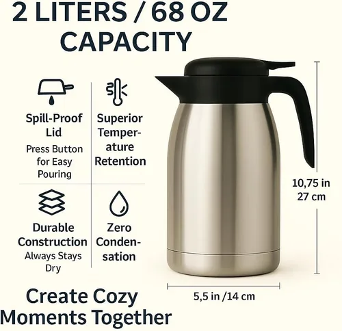 Miniatura 5 de Heritage66 Jarra térmica para café con cepillo de limpieza – 68 oz (2 L) dispensador de bebidas de acero inoxidable con aislamiento al vacío