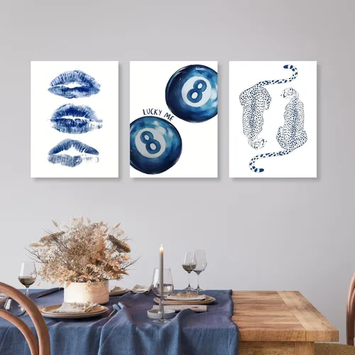 Miniatura 3 de GELDSTEI Arte de Pared de Guepardo Azul Preppy, Imágenes Estéticas Retro de Bola 8 Azul Marino, Obra de Arte en Lienzo Envuelto de Labios de Beso