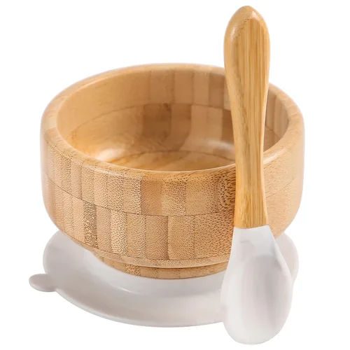 Juego de cuencos de bambú para bebés con succión y cuchara a juego, juego de 2 suministros de alimentación para bebés, niños pequeños, base de