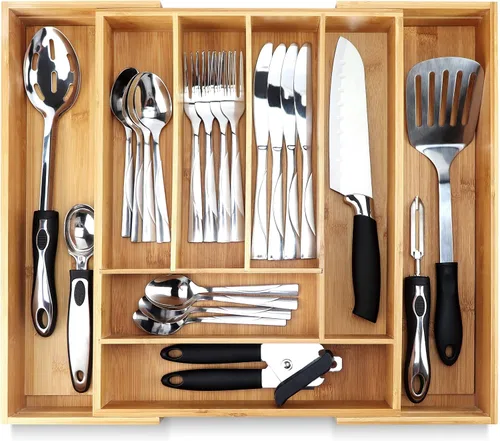 Miniatura 11 de Pristine Bamboo bandeja organizadora de cubiertos – Utensilios de mesa, cubiertos, soporte de cubiertos para cajón – Organizador de cajón de madera