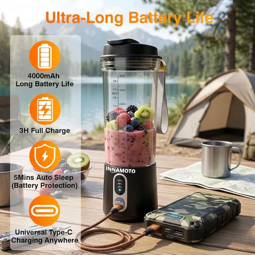 Miniatura 7 de Mini licuadora portátil de tamaño personal, licuadora inalámbrica de 20 onzas, tipo C, recargable, sin BPA, recién exprimida en el Negro