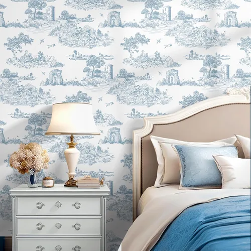 Miniatura 5 de WENMER Toile de Jouy - Papel de contacto Toile de Jouy, papel tapiz azul y blanco, papel adhesivo vintage de país francés para dormitorio, sala