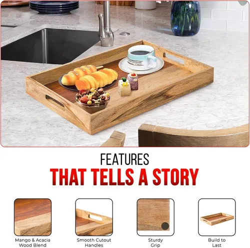 Miniatura 4 de Mela Artisans Bandeja de madera para servir con asas, 15 x 10 x 1.75 pulgadas, bandeja decorativa de madera de mango, bandeja otomana, aperitivos