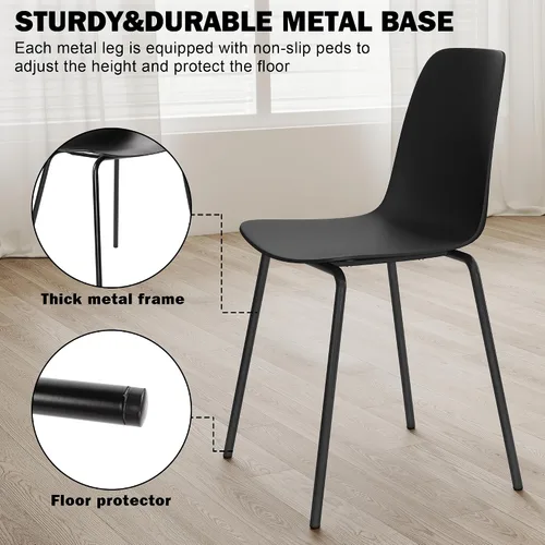 Miniatura 5 de Juego de 4 sillas de cocina de mediados de siglo, sillas de comedor de plástico negro, sillas para exteriores con patas de metal para sala de estar