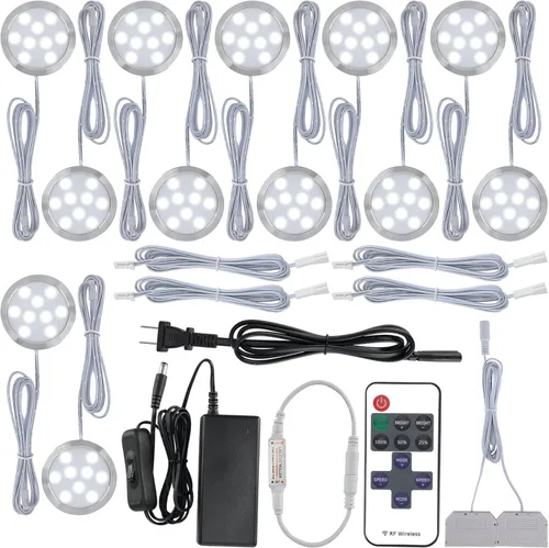 Vitrinas luminarias, pequeña iluminación LED redonda debajo del gabinete, cableado duro de 120 voltios y enchufe de pared, regulable remoto, 12 luces