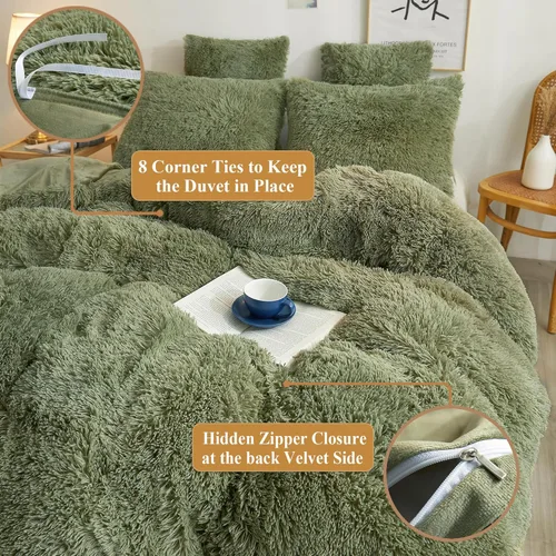 Miniatura 6 de XeGe Juego de funda de edredón de felpa peluda, juego de ropa de cama de lujo suave terciopelo cristalino esponjoso, 3 piezas