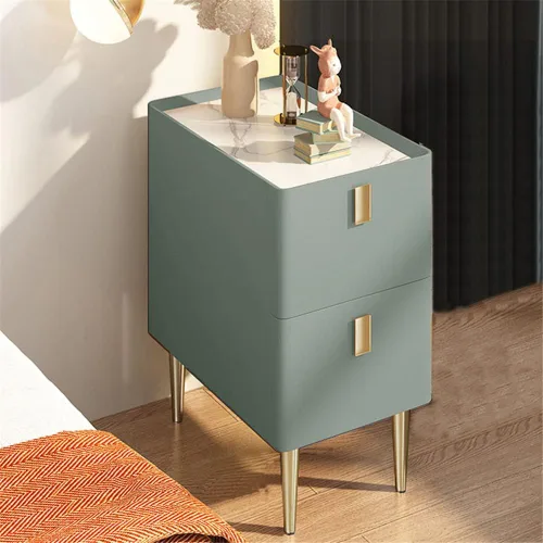 Miniatura 9 de Mesita de noche moderna de madera maciza con almacenamiento de 2 cajones, parte superior de mármol, práctica mesa auxiliar auxiliar para dormitorio