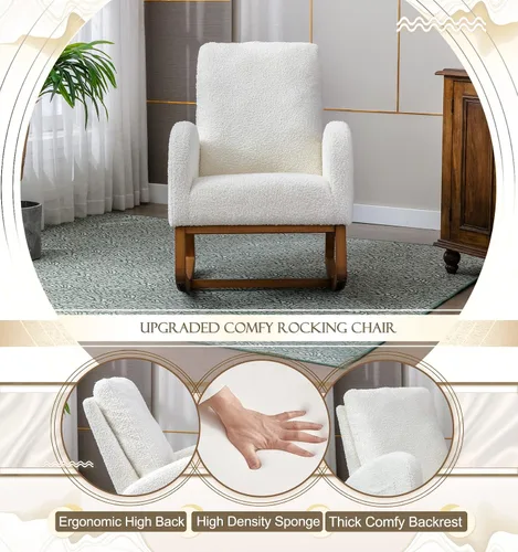 Miniatura 3 de Comfy - Silla mecedora tapizada para guardería o relajación, sillón de sala de estar con respaldo alto, mecedora moderna con bolsillo lateral
