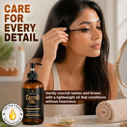 Miniatura 5 de INFINA ESSENTIALS Aceite de ricino puro prensado en frío, sin hexano, botella de vidrio para el crecimiento del cabello, cara, cuero cabelludo, piel