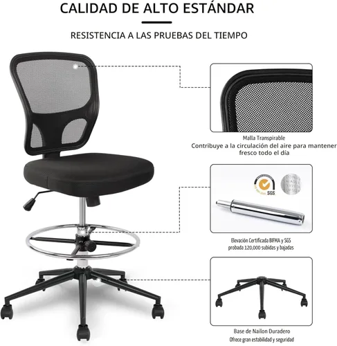 Miniatura 6 de Silla de dibujo sin brazos, silla de oficina alta, altura ajustable, respaldo alto, silla de escritorio ergonómica, taburete de dibujo, taburetes