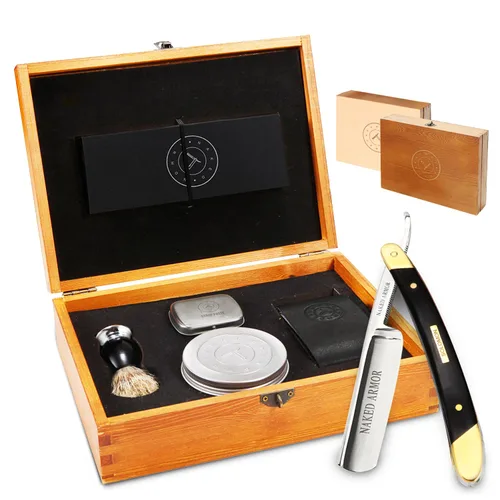 Naked Armor Solomon Kit de maquinilla de afeitar lista para usar, borde recto sólido, mango de madera, acero japonés, filo recto, el mejor regalo