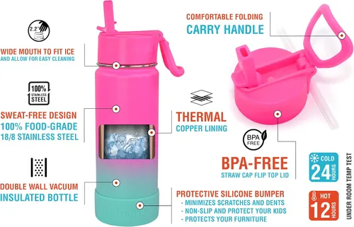 Miniatura 4 de CHILLOUT LIFE Botella de agua aislada para niños de 22 onzas para la escuela con tapa con pajilla, a prueba de fugas y bonitas calcomanías Slushy