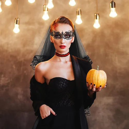 Miniatura 5 de Velo de encaje negro de Halloween, velo de boda con peine guantes de encaje negro y máscara de ojos para mujer, regalo de Halloween, juego