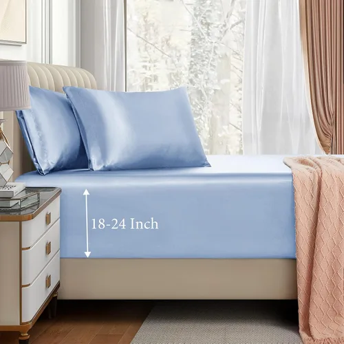 Miniatura 14 de VACVELT Juego de sábanas bajeras de satén de 3 piezas con bolsillos extra profundos para cama matrimonial, sábana bajera color gris que se ajusta a