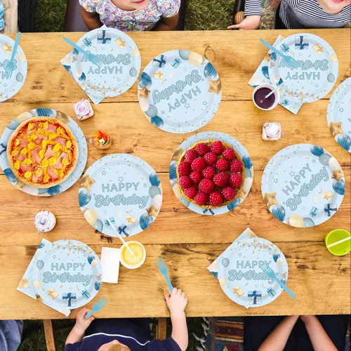 Miniatura 7 de 96 piezas de decoraciones de graduación azules y doradas platos y servilletas desechables de feliz cumpleaños, decoraciones azules y doradas