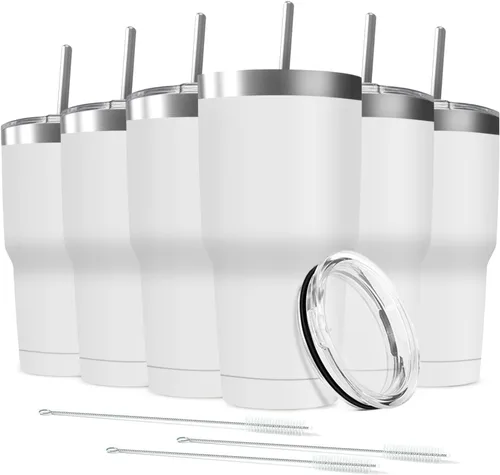 Miniatura 12 de Taza de viaje de acero inoxidable de 30 onzas con tapa, paquete de 6 vasos de doble pared aislados al vacío a granel con 6 pajitas, taza de café