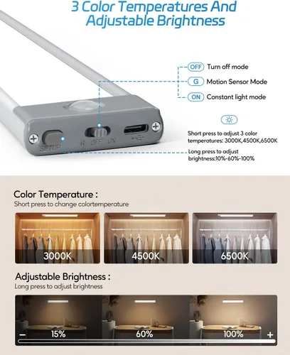 Miniatura 4 de HIBOITEC Luces para Debajo del Gabinete - Sensor de Movimiento, 3 Temperaturas de Color, Luces Nocturnas Inalámbricas Recargables, Regulables