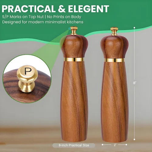 Miniatura 5 de Juego de molinillo de sal y pimienta de madera de acacia con base, molinillo de pimienta manual de 8 pulgadas con grosor ajustable, juego de 2