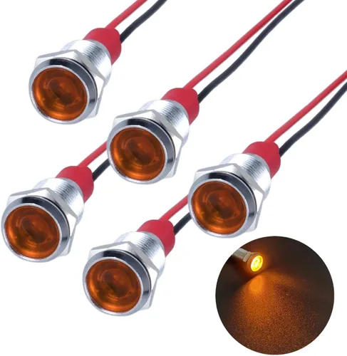 Miniatura 12 de 5Pcs 12V-24V Luz indicadora LED de ahorro de energía Montaje de orificio 8mm (1/3") 20mA Señal de lámpara de cabeza plana ancha impermeable piloto