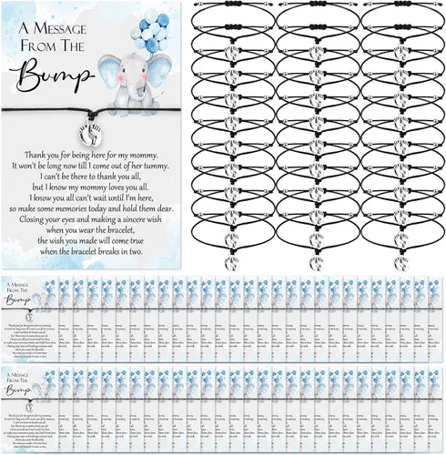 Miniatura 10 de Thyle 25 Juego de Pulseras Ajustables para Baby Shower con Mensaje de la Tarjeta de la Pancita, Huellas, Encanto para Invitados, Pulseras de Baby