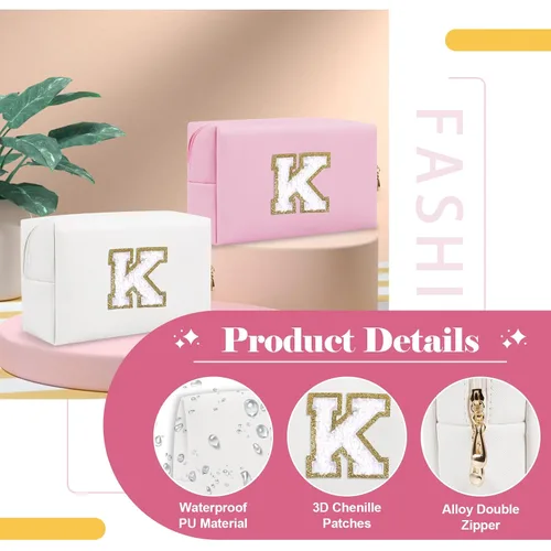 Miniatura 3 de Pequeña bolsa de maquillaje personalizada con inicial A-Z Preppy Patch, bolsa de cosméticos de viaje de felpilla blanca con cremallera, bonita bolsa
