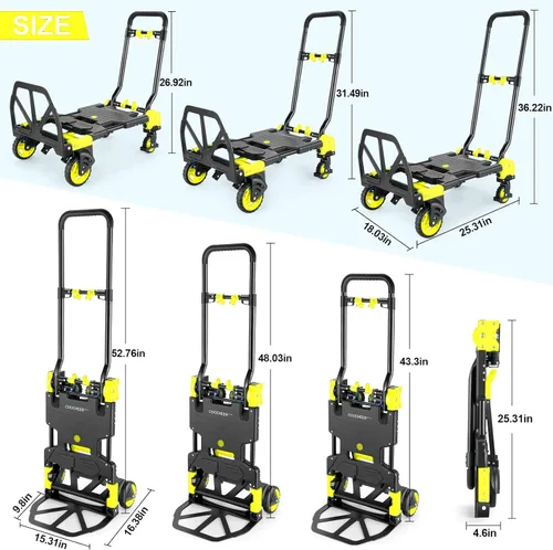 Miniatura 6 de Carretilla de Mano Plegable 2 en 1 Capacidad de Carga de 330 Libras, Carretilla de Mano Plegable con Mango Retráctil y 4 Ruedas de Goma, Carrito