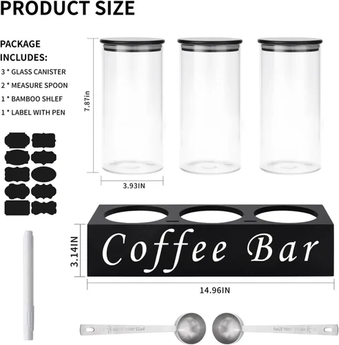 Miniatura 4 de ZOMUIA Contenedores de Café de Vidrio Herméticos Frascos de Almacenamiento de Granos de Café con Estante, 3 Piezas 44oz Organizador de Estación