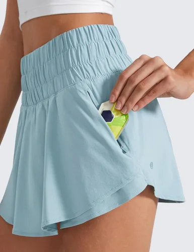 Miniatura 4 de CRZ YOGA - Pantalones cortos deportivos para mujer, cintura alta, holgados, con volantes, para entrenar, correr, tenis y bolsillo con cremallera