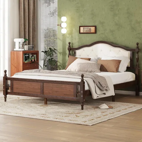 Miniatura 10 de Flieks Cama de plataforma tamaño Queen, cama de madera de pino con cabecero y estribo tapizados, con dos pies de soporte de riel de cama y pies