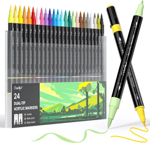 JusArt 24 Colores Marcadores de Pintura Acrílica de Doble Punta, Punta de Pincel y Punta Fina, Marcadores de Pintura Premium para Madera, Lienzo,