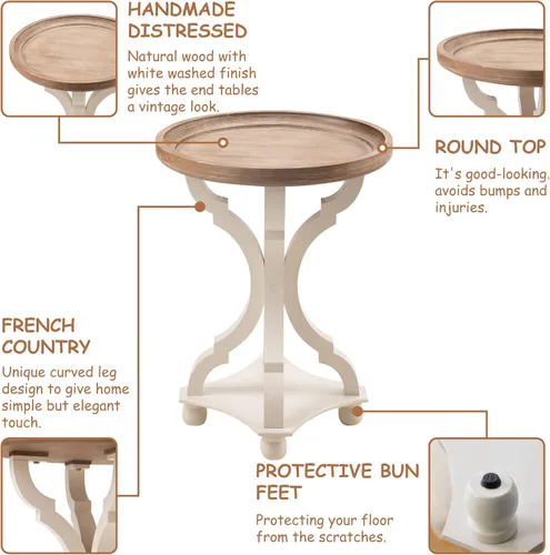 Miniatura 4 de Mesa auxiliar rústica de granja, mesa auxiliar con bandeja natural para familia, comedor o sala de estar, acabado artesanal, moderna, color blanco