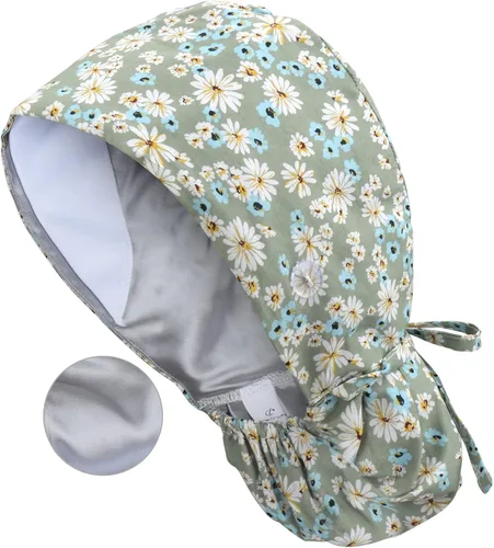 Miniatura 12 de QBA Gorra de trabajo ajustable con botón, gorro forrado de satén, gorro de trabajo de algodón, banda elástica para atar en la espalda, unisex Pt