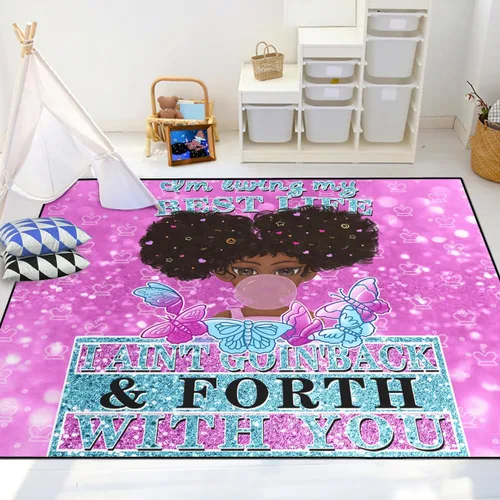 Miniatura 16 de Alfombra de área para dormitorio de niñas negras africanas, alfombra para sala de estar, sala de juegos, azul, lindo anime de dibujos animados