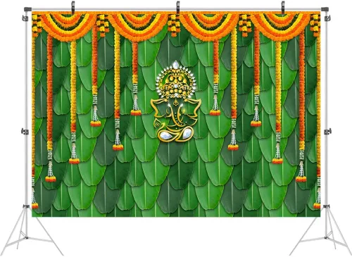 Miniatura 2 de Ticuenicoa India Pooja - Telón de fondo tradicional de 7 x 5 pies, hojas de plátano, color verde, Chatiya Ganesh, fondo de fotografía de Puja