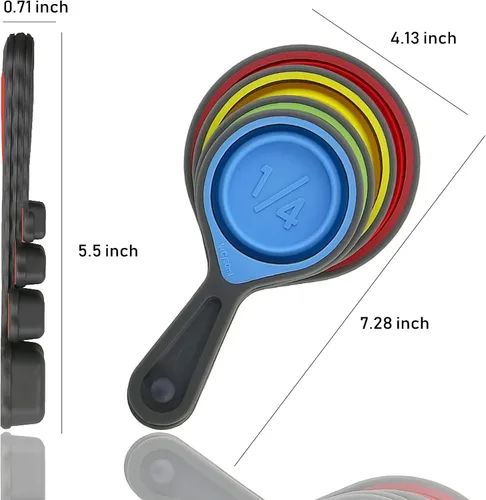 Miniatura 4 de Tazas medidoras suaves de silicona plegables y cucharas medidoras, 8 piezas de taza de medición de silicona portátil de grado alimenticio para Rojo