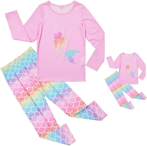 Miniatura 15 de QPANCY Conjunto de pijamas a juego para niñas y muñecas, pijamas de manga larga para otoño e invierno