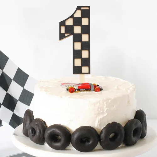 Miniatura 3 de Decoración para pastel de primer cumpleaños de auto de carreras, decoración de cumpleaños de auto de carreras, decoración de madera marrón y blanca
