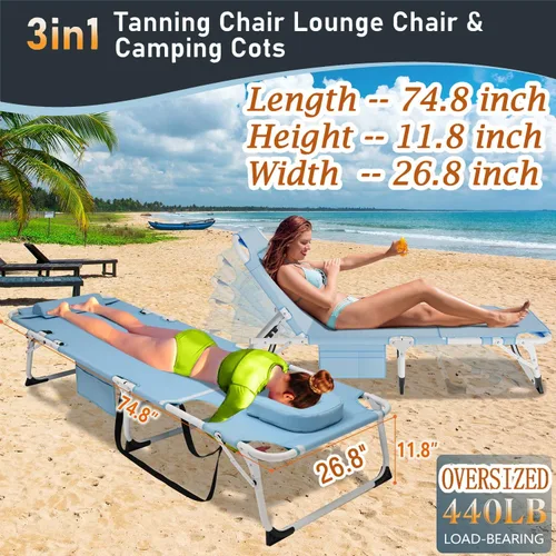 Miniatura 3 de H&ZT Silla de salón plegable con abertura para la cara – Silla reclinable ajustable para bronceado al aire libre con colchón, silla de sol